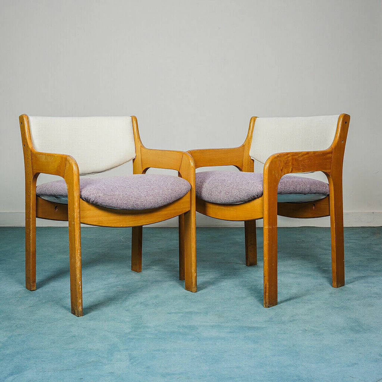 Pair of chairs in wood and lilac fabric, 70s 1192488
