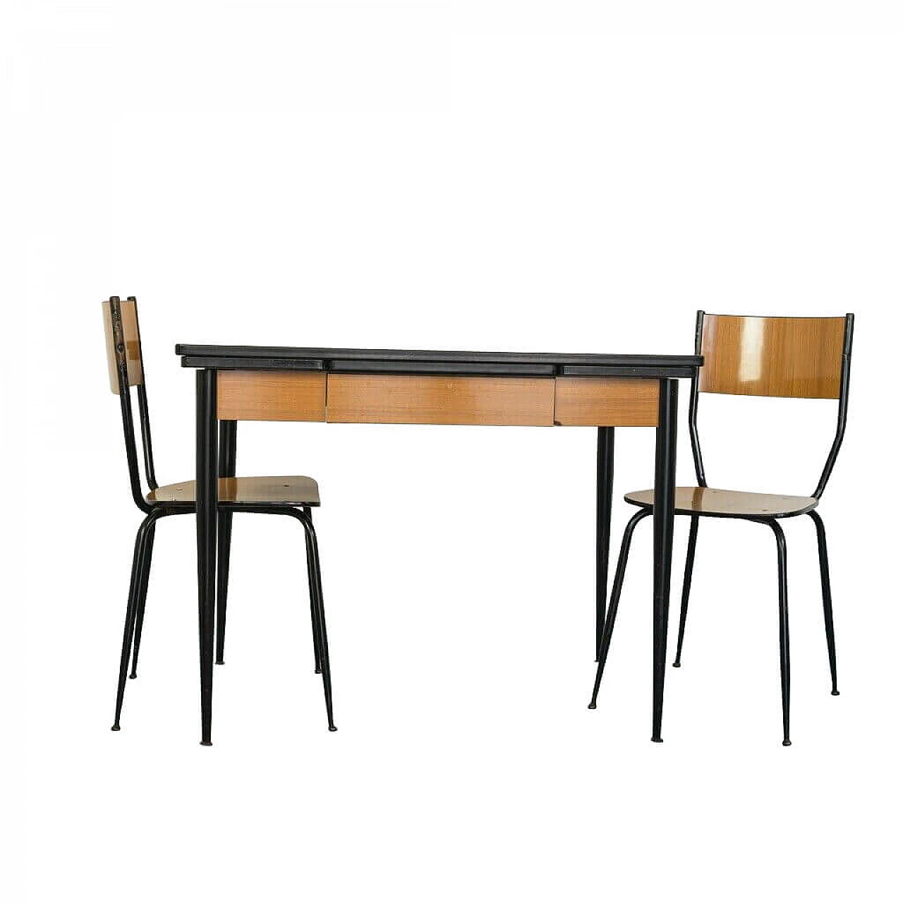 Tavolo da pranzo con 6 sedie in ferro e legno, anni '70 1192626