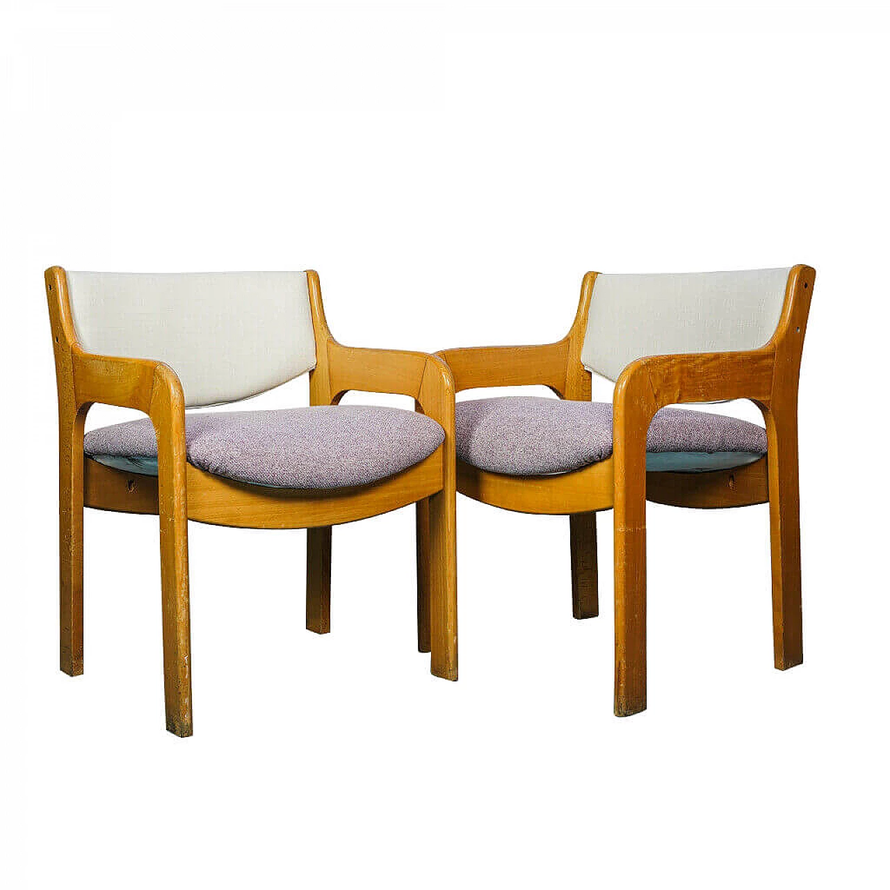 Pair of chairs in wood and lilac fabric, 70s 1192687