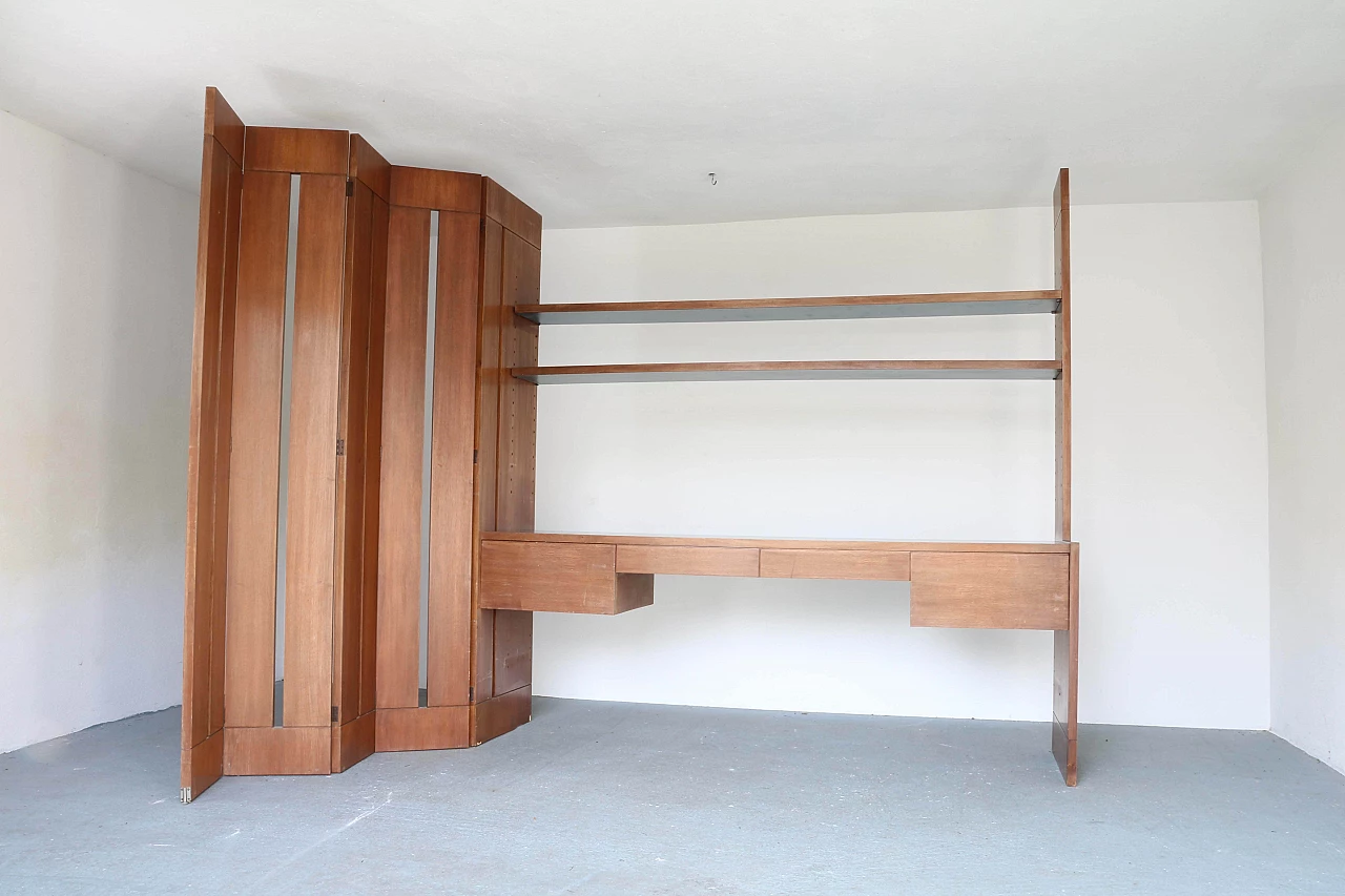 Bookcase with desk and partition in walnut wood, 60s 1192914