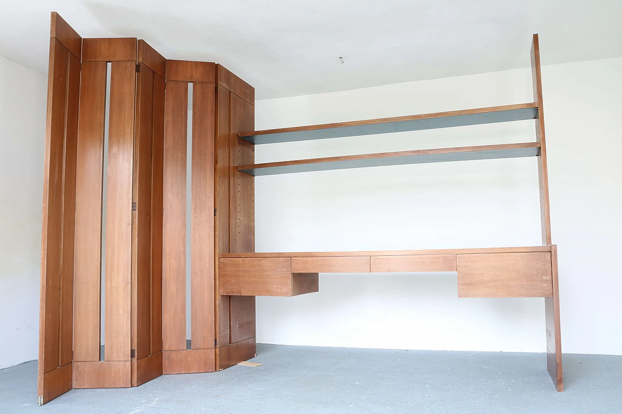 Mobile libreria con scrivania e separè in legno di noce, anni '60 1192915