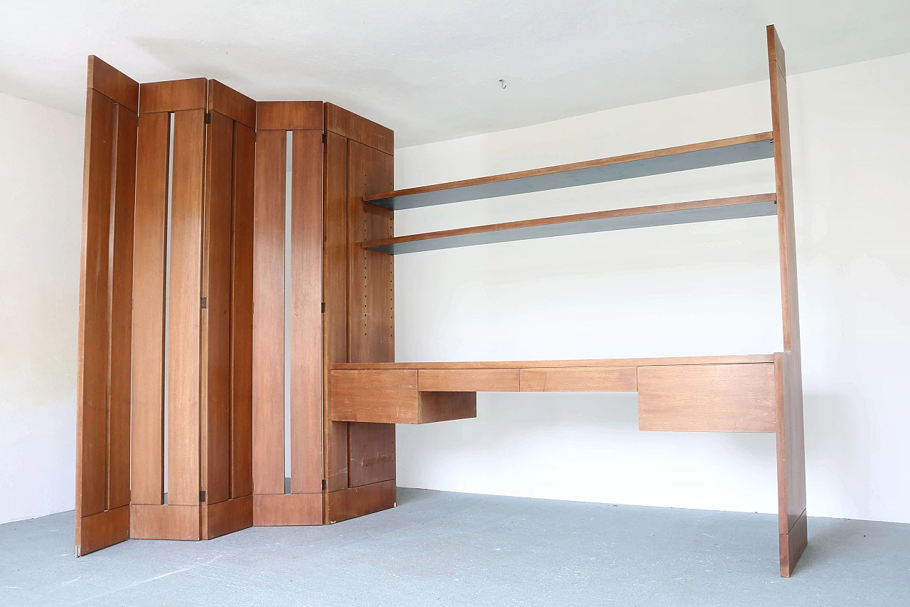 Mobile libreria con scrivania e separè in legno di noce, anni '60 1192916