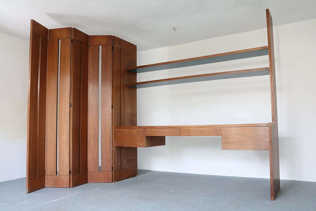Bookcase with desk and partition in walnut wood, 60s 1192917