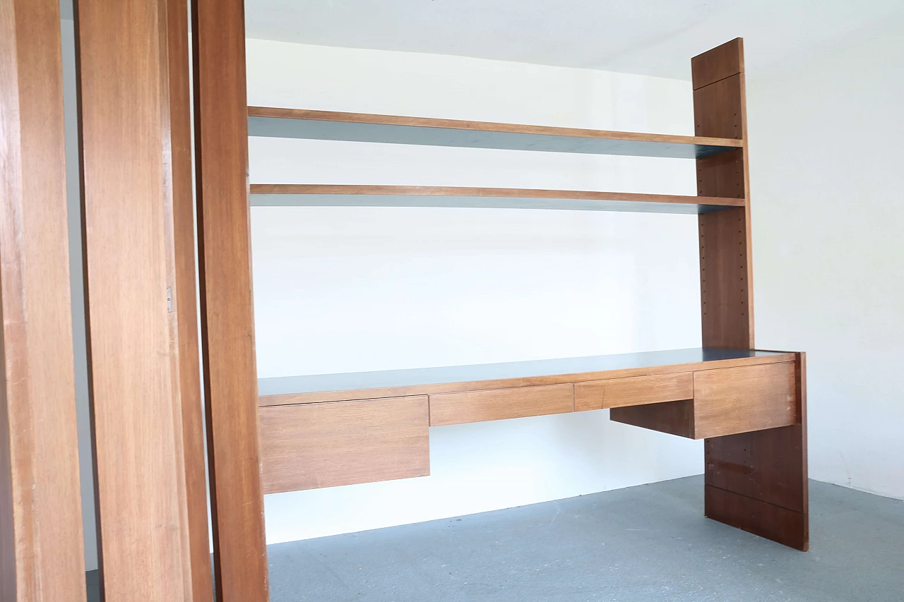 Mobile libreria con scrivania e separè in legno di noce, anni '60 1192924