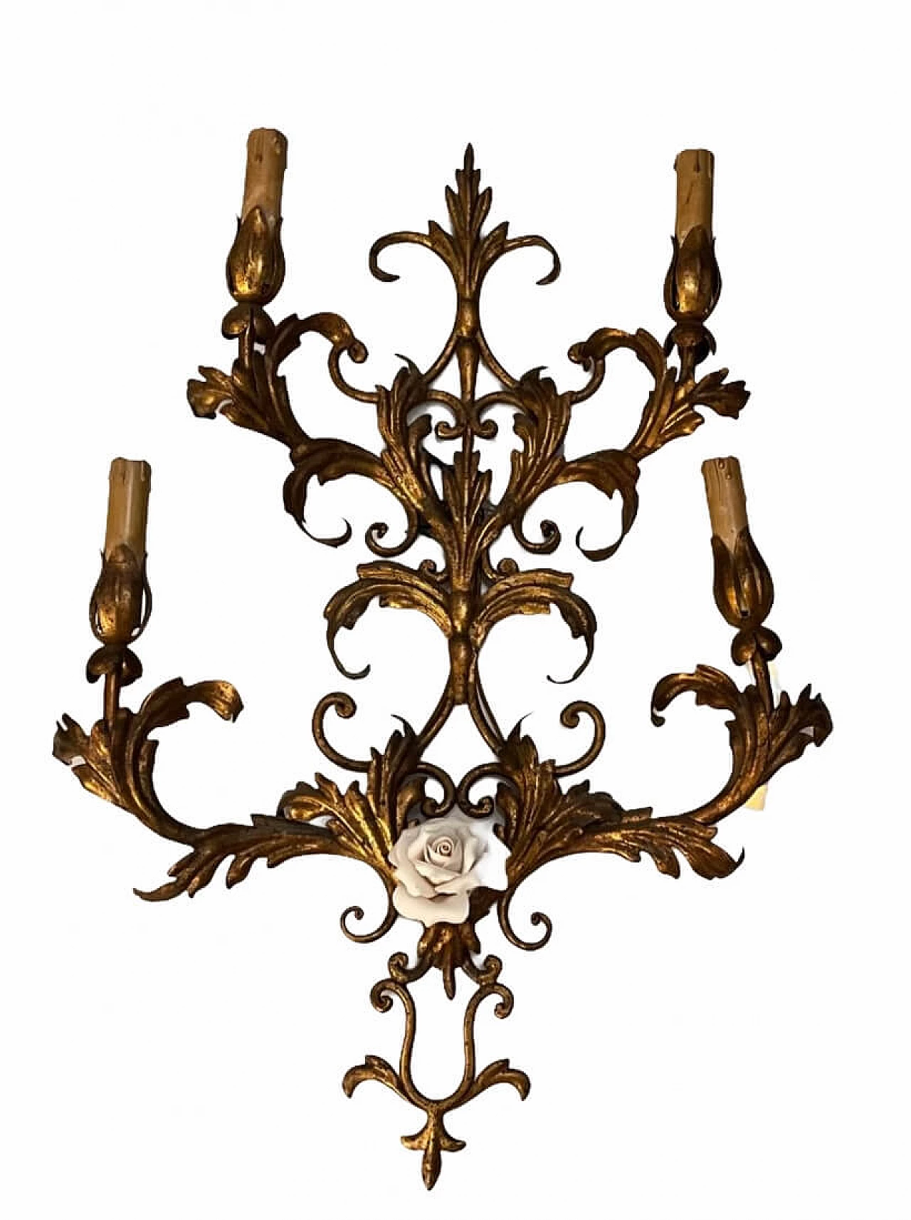 Coppia di grand applique Fiorentine dorate a 4 luci, anni '60 1193034