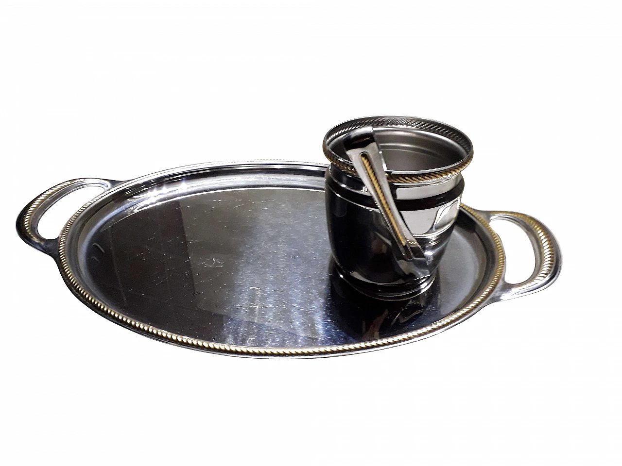 Set vassoio e secchiello per il ghiaccio, inox di Alessi, anni '80 1193098
