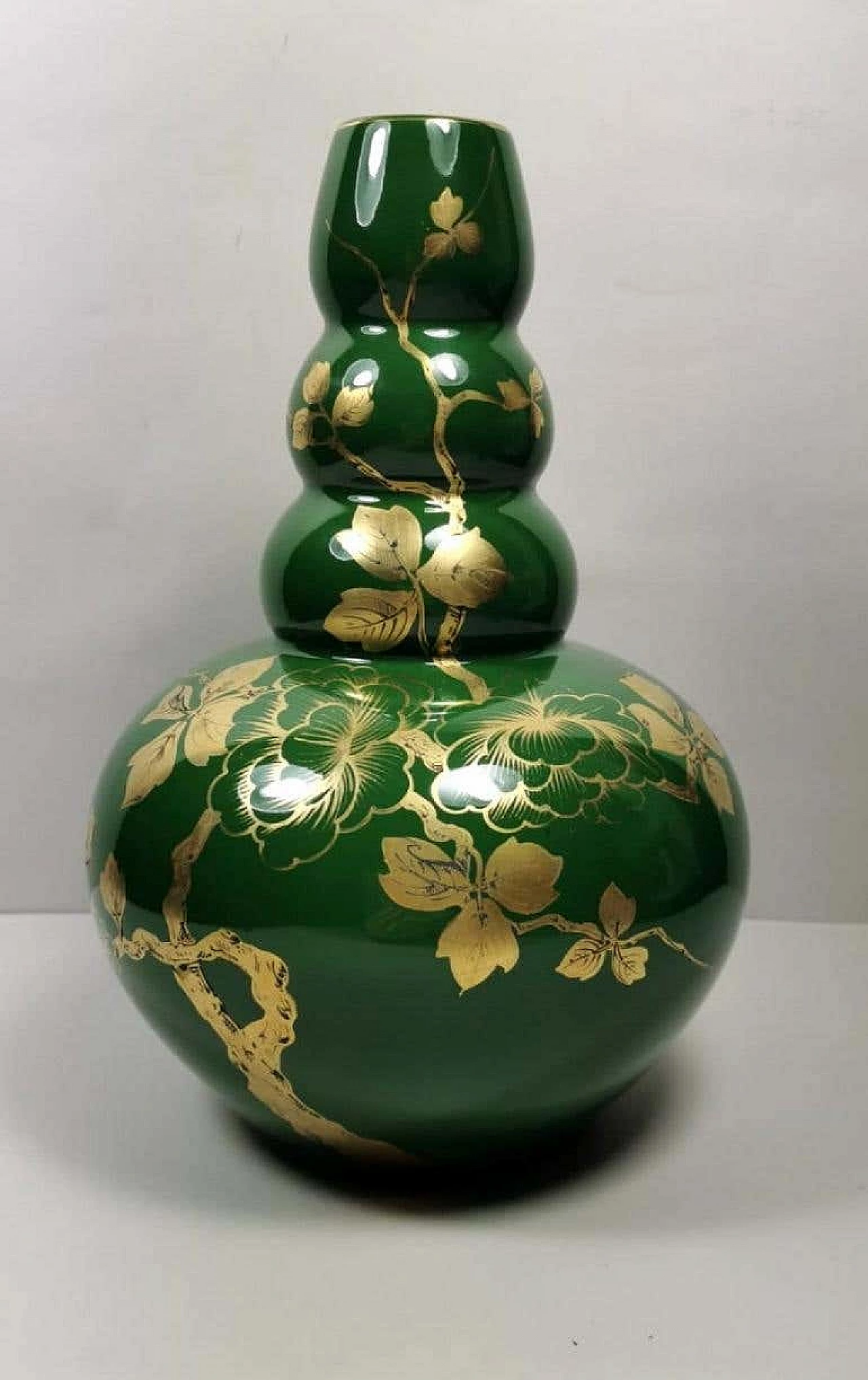Art Deco green enameled terracotta vase with pure gold decorations, 40s 1193255