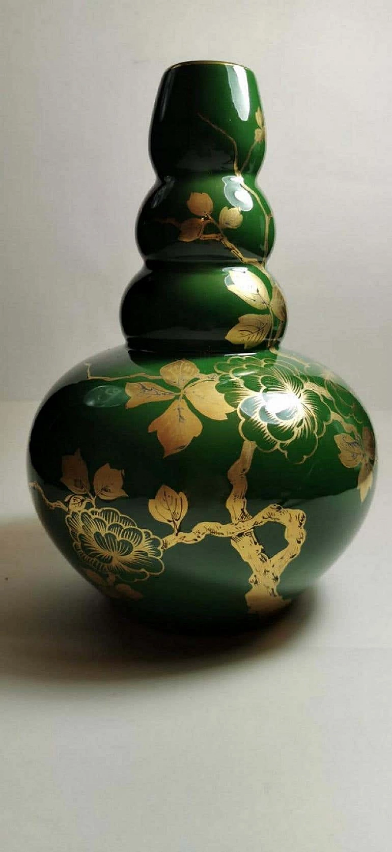 Art Deco green enameled terracotta vase with pure gold decorations, 40s 1193256