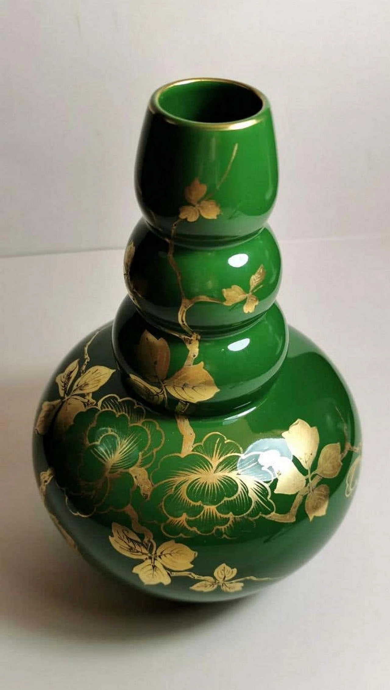 Art Deco green enameled terracotta vase with pure gold decorations, 40s 1193257
