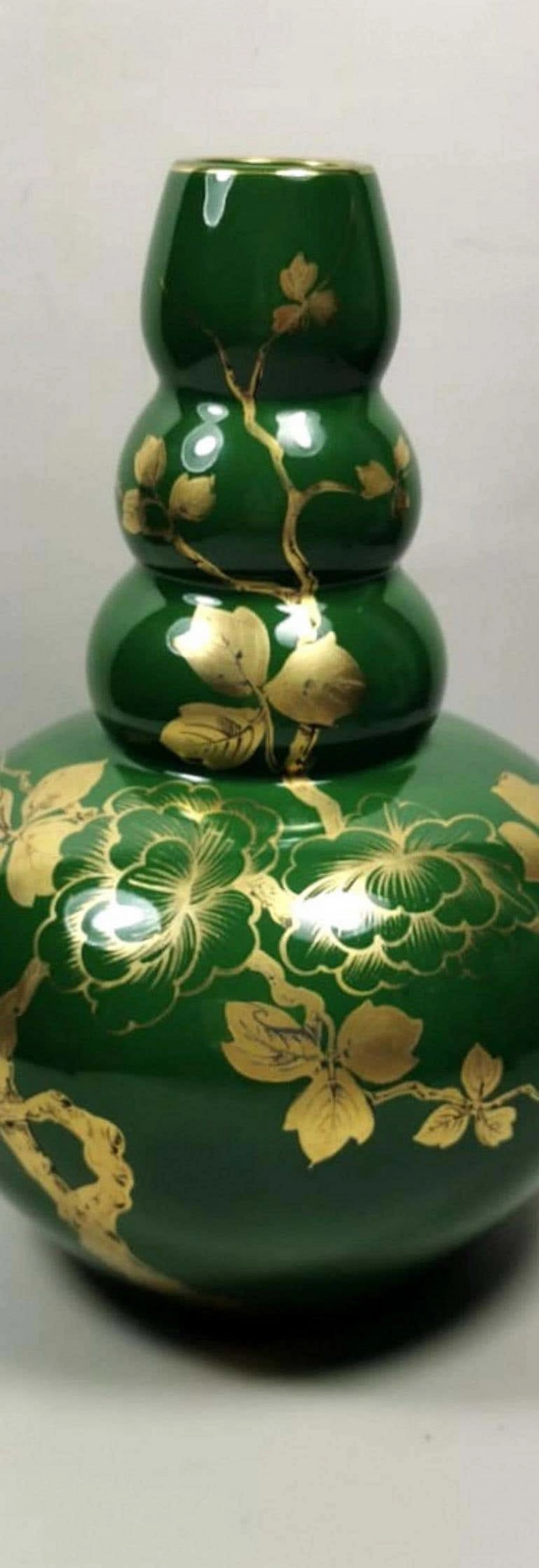 Art Deco green enameled terracotta vase with pure gold decorations, 40s 1193258