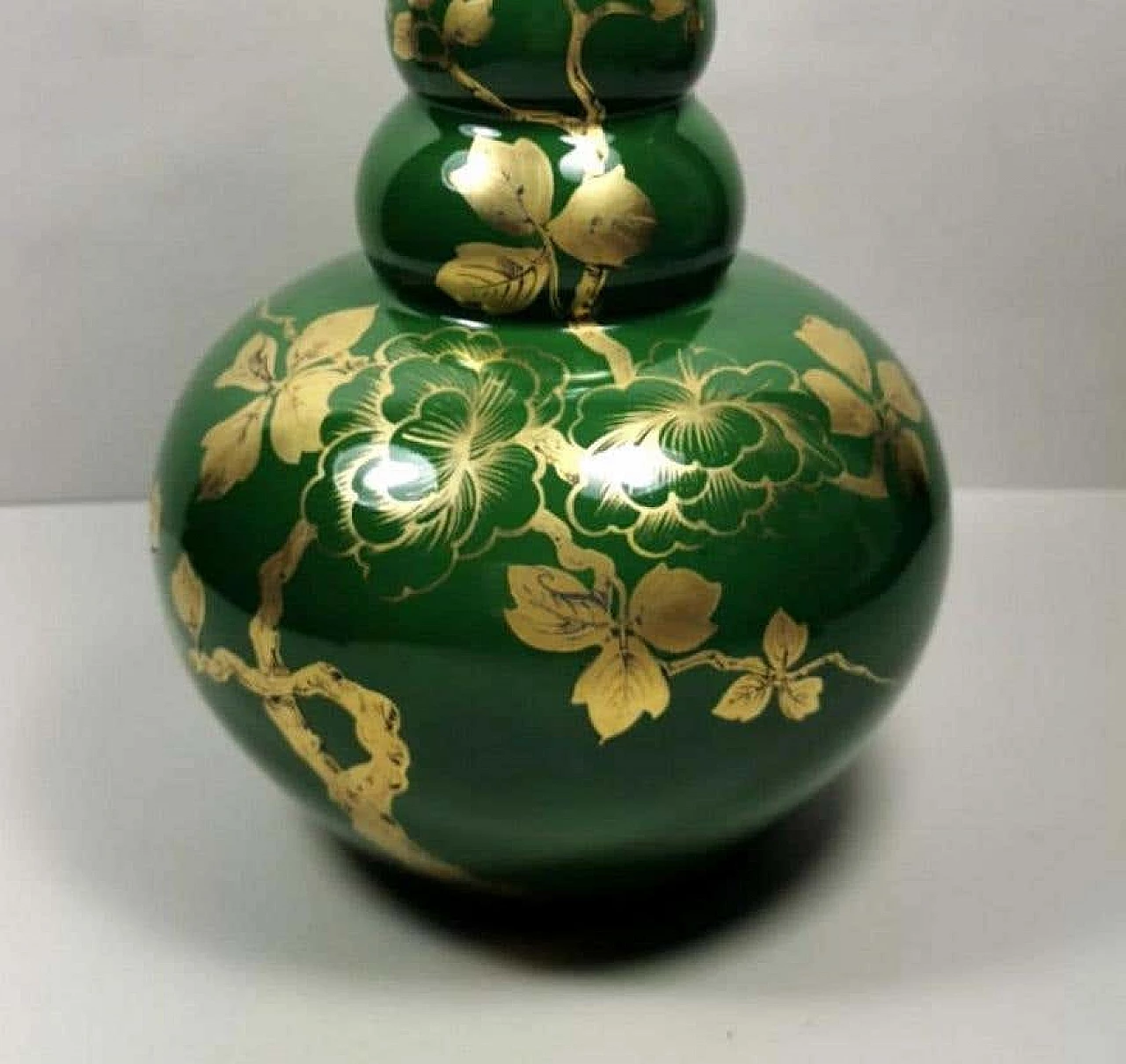 Art Deco green enameled terracotta vase with pure gold decorations, 40s 1193259