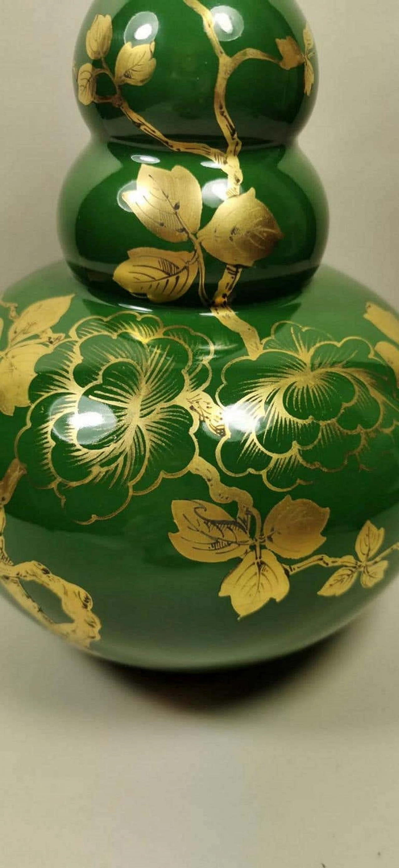 Art Deco green enameled terracotta vase with pure gold decorations, 40s 1193260
