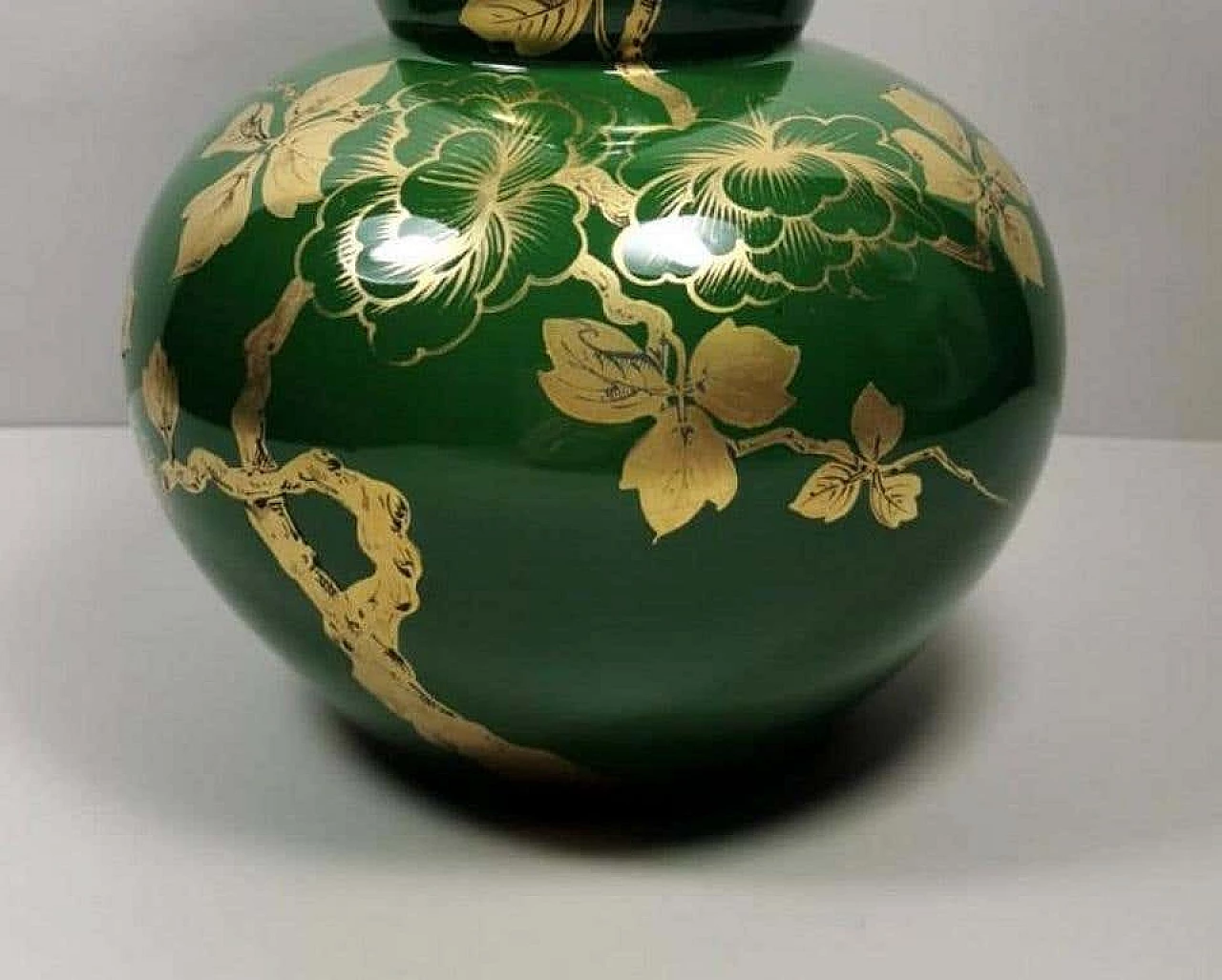 Art Deco green enameled terracotta vase with pure gold decorations, 40s 1193262