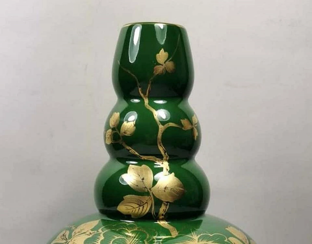 Art Deco green enameled terracotta vase with pure gold decorations, 40s 1193263