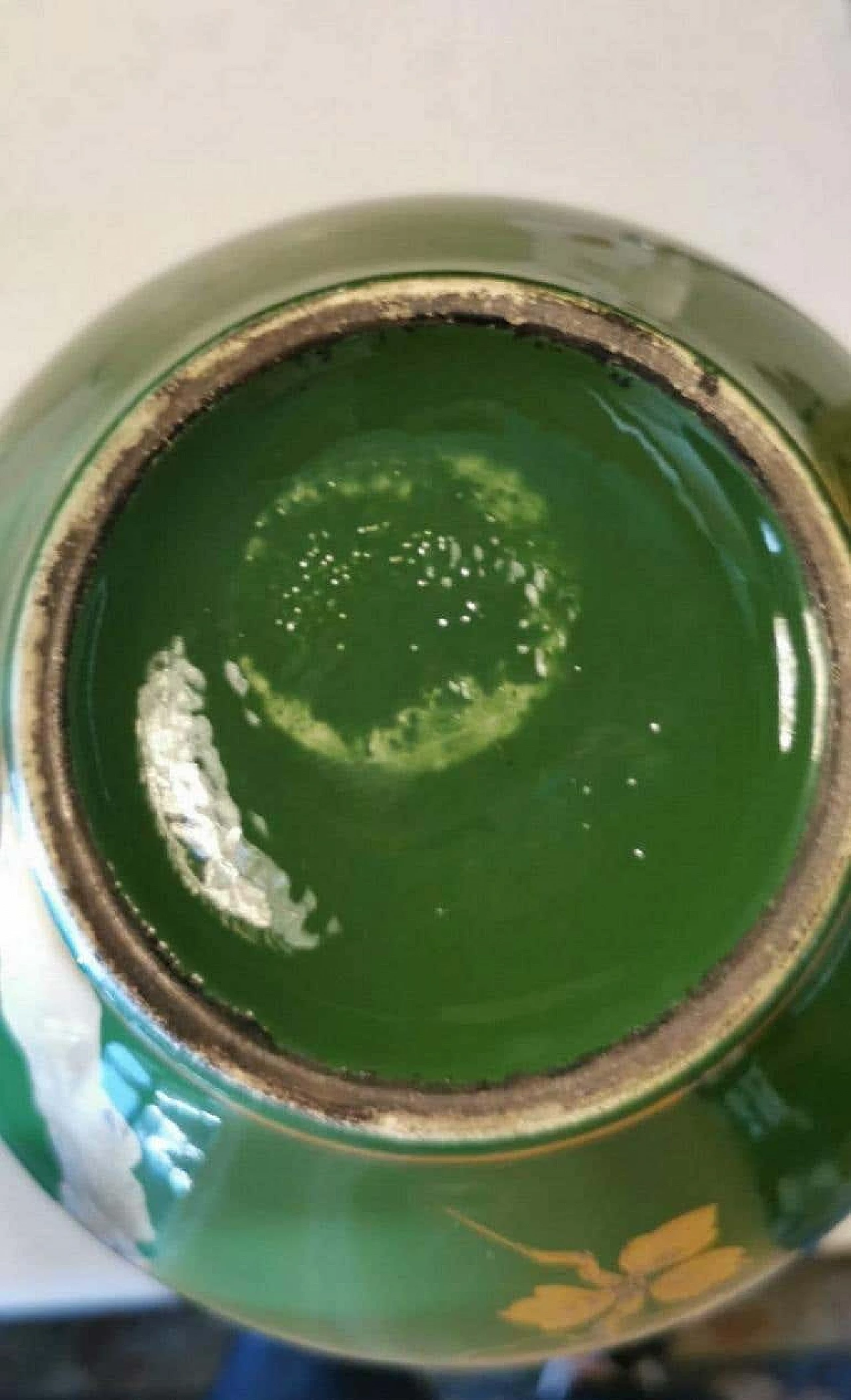 Art Deco green enameled terracotta vase with pure gold decorations, 40s 1193265