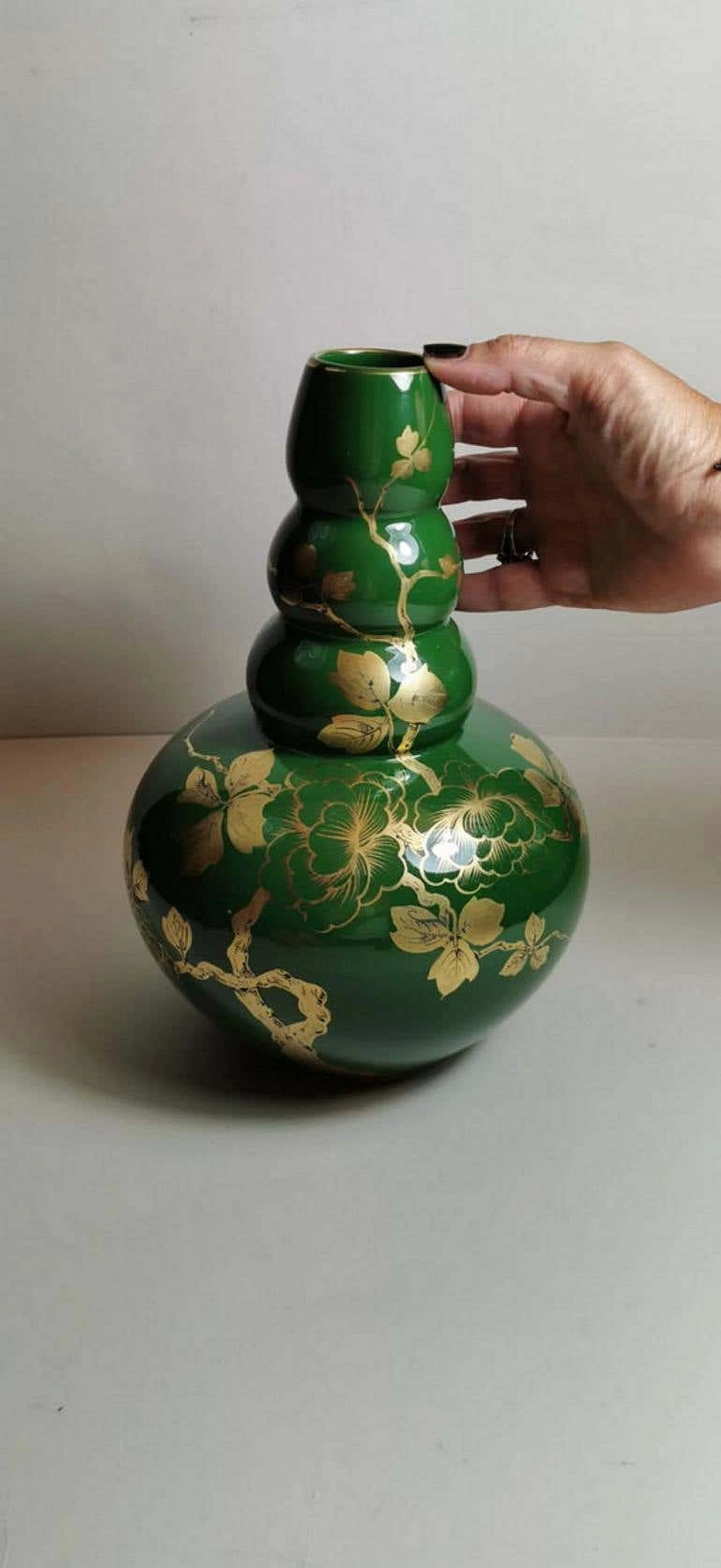 Art Deco green enameled terracotta vase with pure gold decorations, 40s 1193266