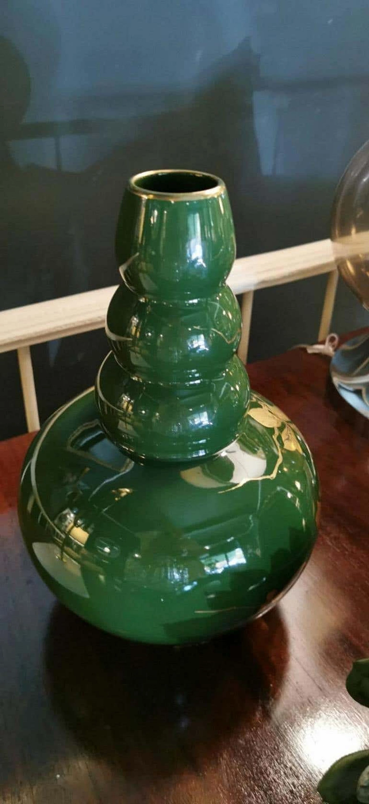 Art Deco green enameled terracotta vase with pure gold decorations, 40s 1193267