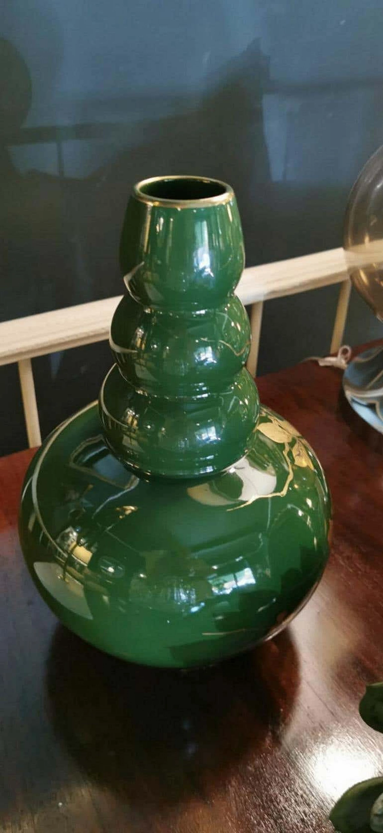 Art Deco green enameled terracotta vase with pure gold decorations, 40s 1193269