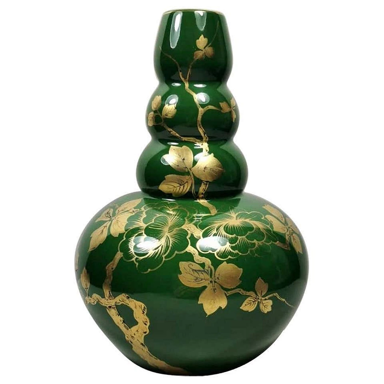 Art Deco green enameled terracotta vase with pure gold decorations, 40s 1193270