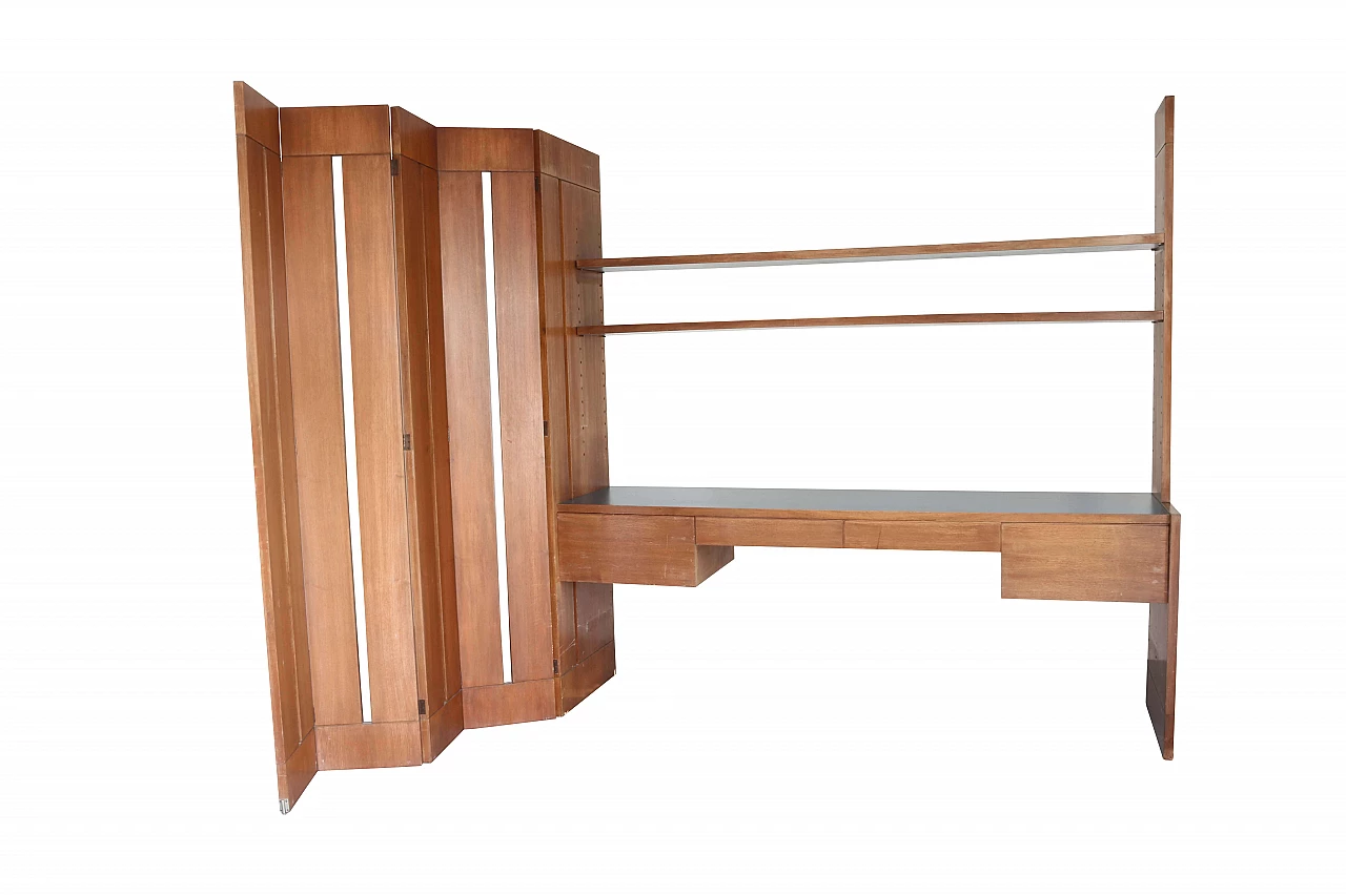 Mobile libreria con scrivania e separè in legno di noce, anni '60 1193273