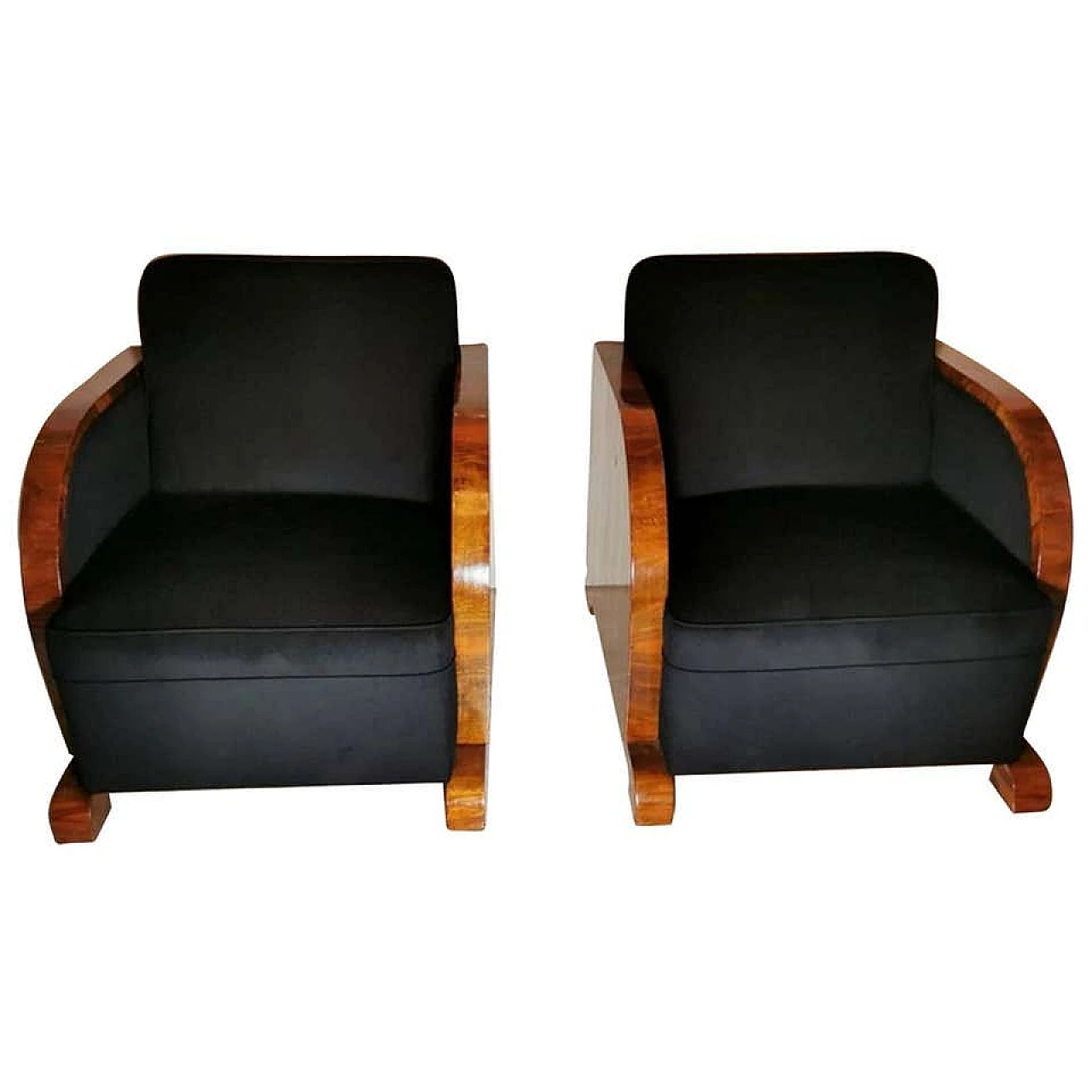 Coppia di poltrone Art Deco in noce e velluto nero, anni '20 1193567