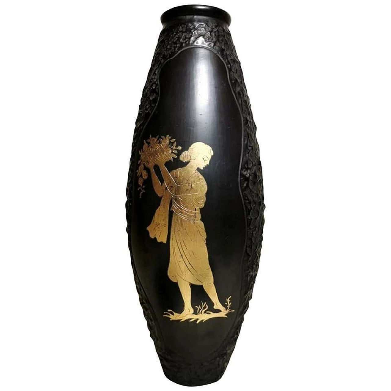 Vaso in ceramica Bucchero con decorazione in foglia d'oro di Carlo Alberto Rossi, anni '50 1193699