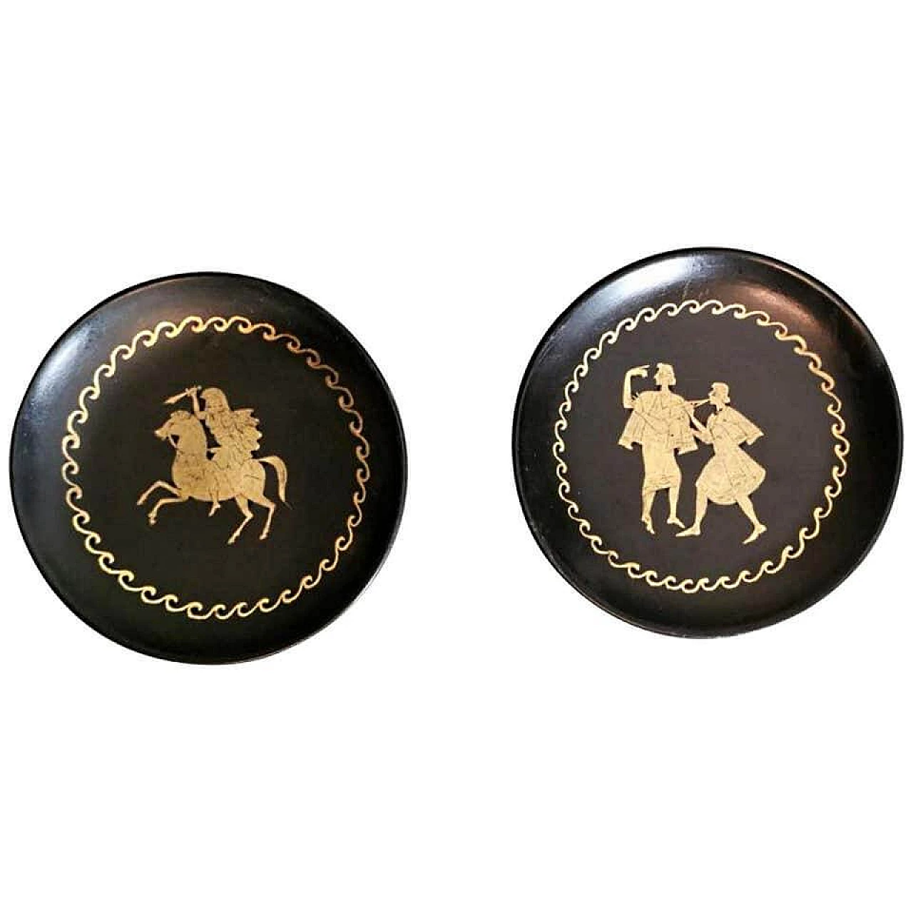 Coppia di piattini in ceramica Bucchero con decorazione in foglia d'oro di Carlo Alberto Rossi, anni '50 1193716