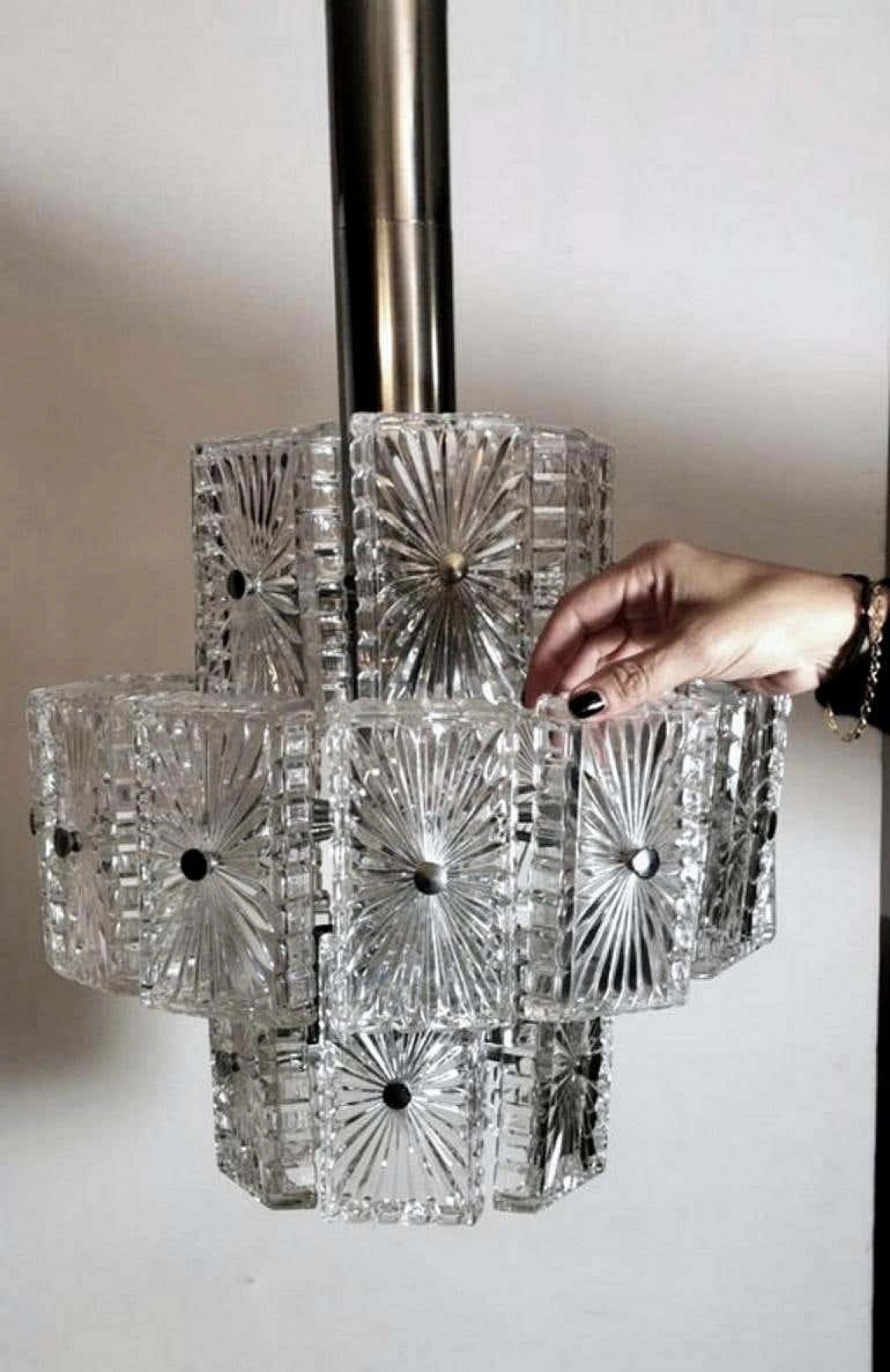 Chandelier with 12 light in crystal and nickel-plated metal, 60s 1193794