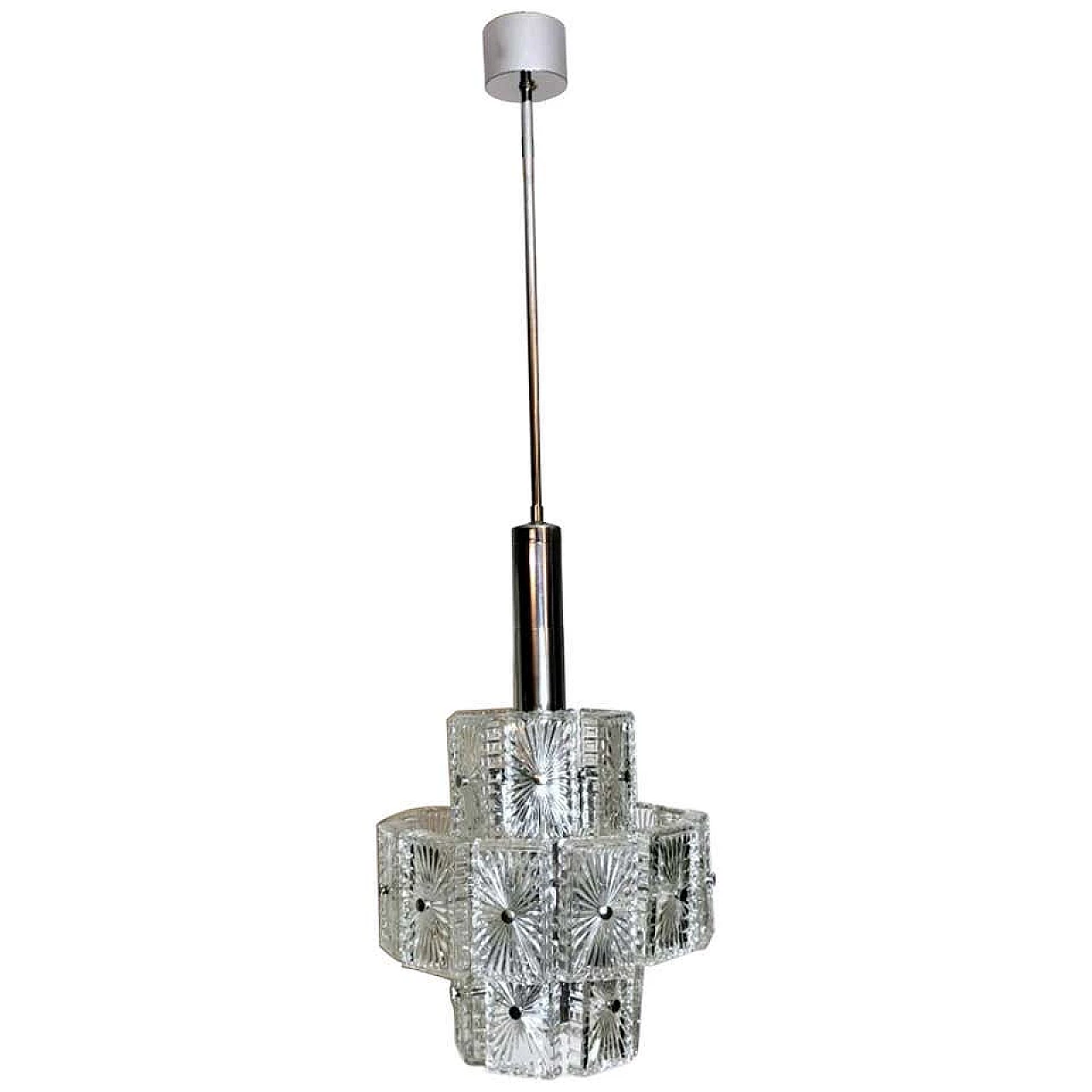 Lampadario a 12 luci in cristallo e metallo nichelato, anni '60 1193795