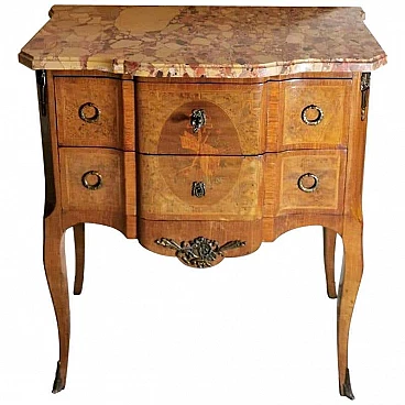 Louis XVI style chest of drawers in walnut briarwood and marble top, 19th century