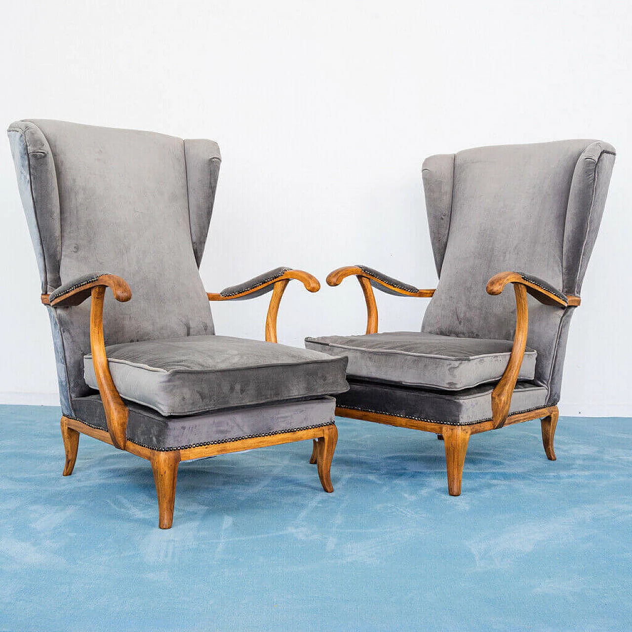 Pair of armchairs in velvet and walnut wood by Paolo Buffa, 1950s 1194711