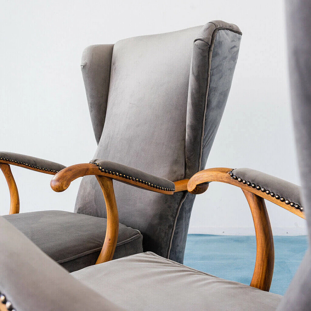 Pair of armchairs in velvet and walnut wood by Paolo Buffa, 1950s 1194713