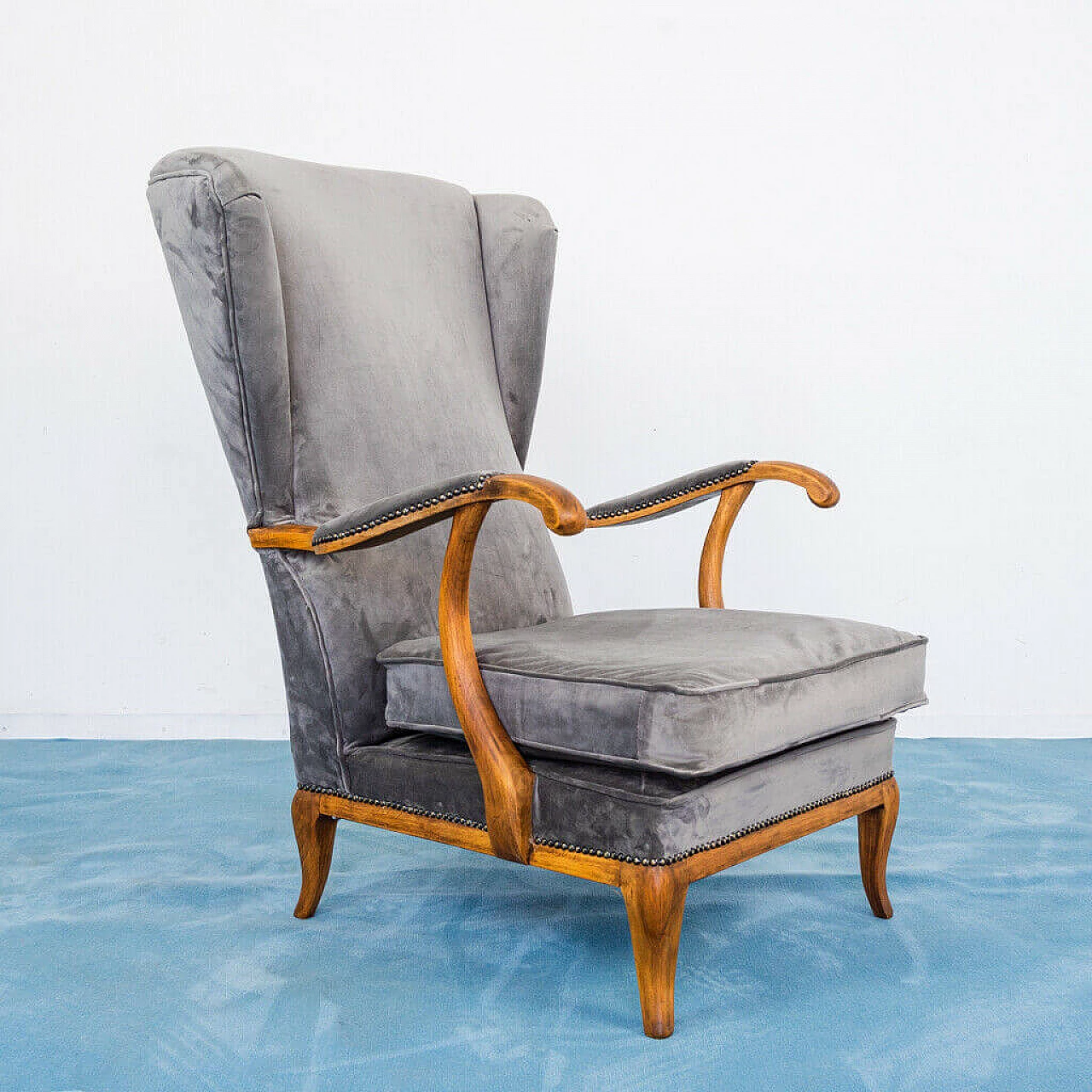 Pair of armchairs in velvet and walnut wood by Paolo Buffa, 1950s 1194715