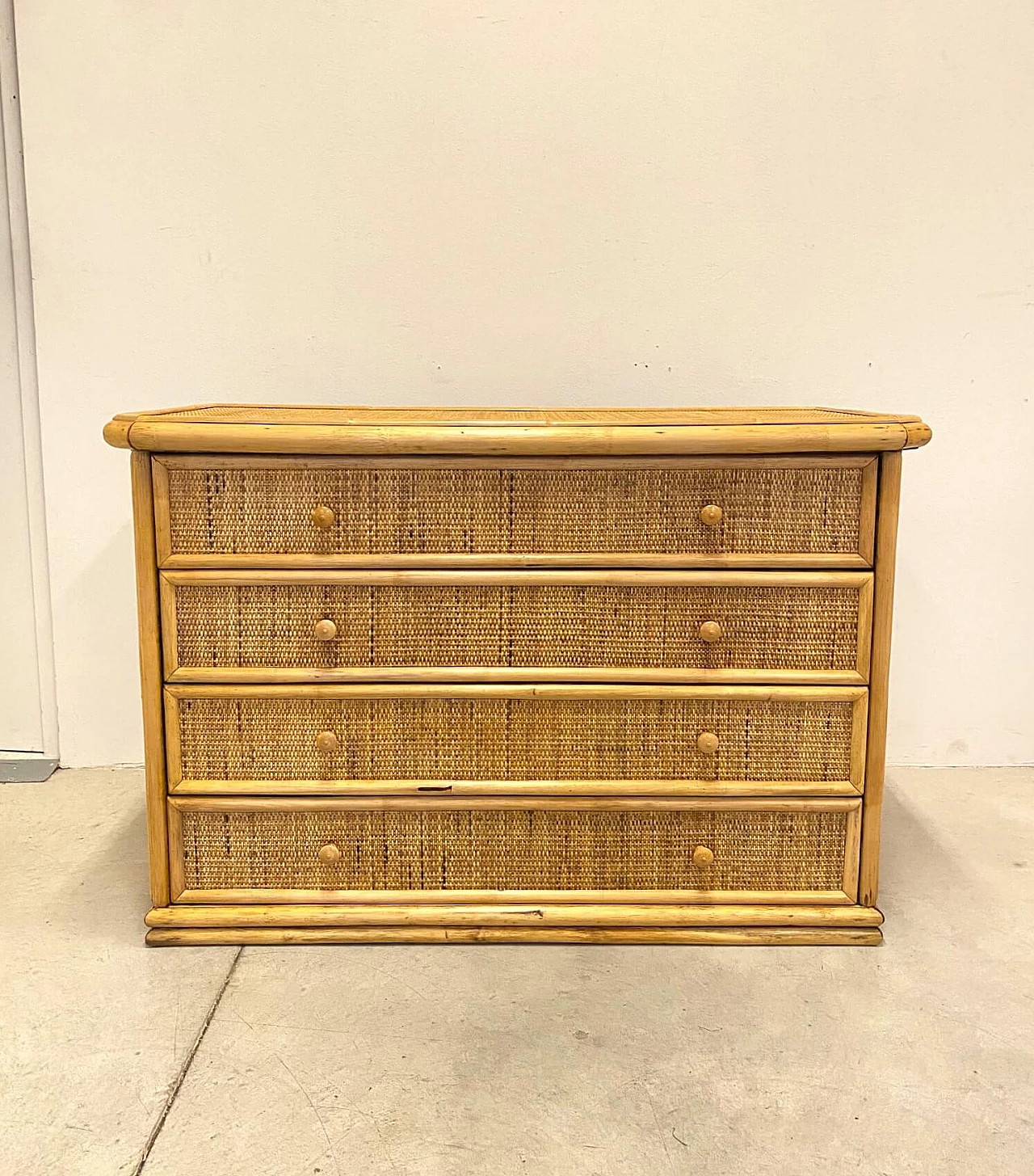 Cassettiera in bambù e vimini, anni '70 1194726