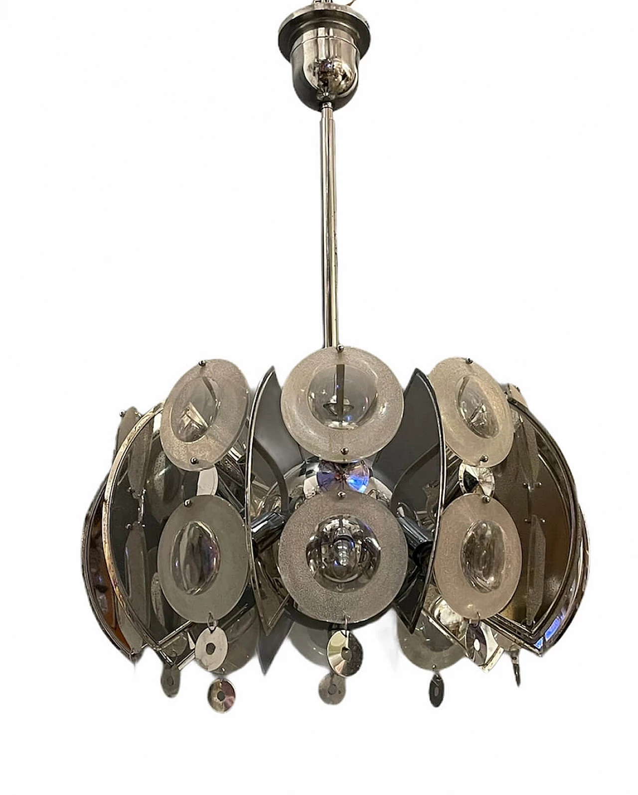 Large mid-century chromed glass chandelier by Oscar Torlasco 1195207