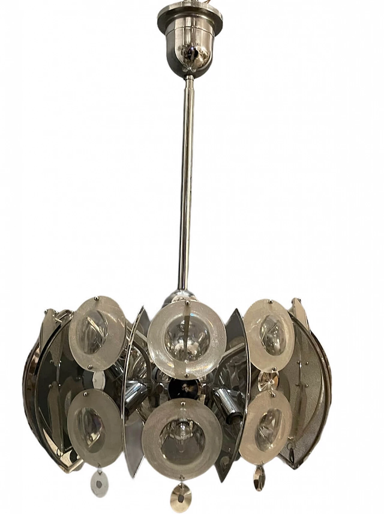 Large mid-century chromed glass chandelier by Oscar Torlasco 1195208