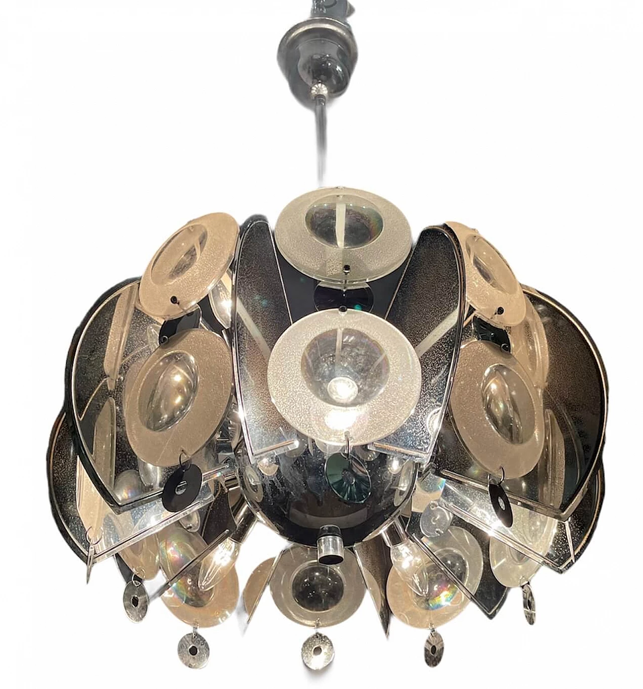 Large mid-century chromed glass chandelier by Oscar Torlasco 1195209