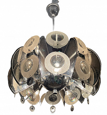 Large mid-century chromed glass chandelier by Oscar Torlasco