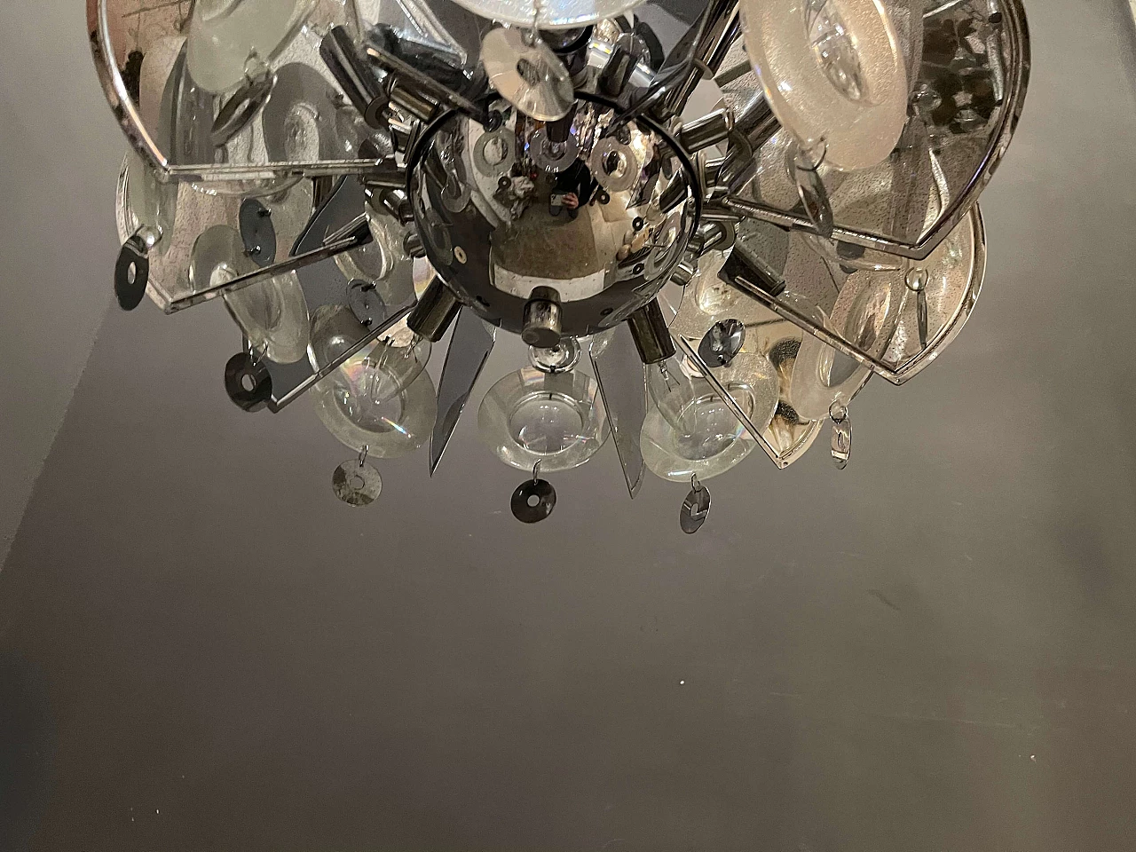 Large mid-century chromed glass chandelier by Oscar Torlasco 1195216