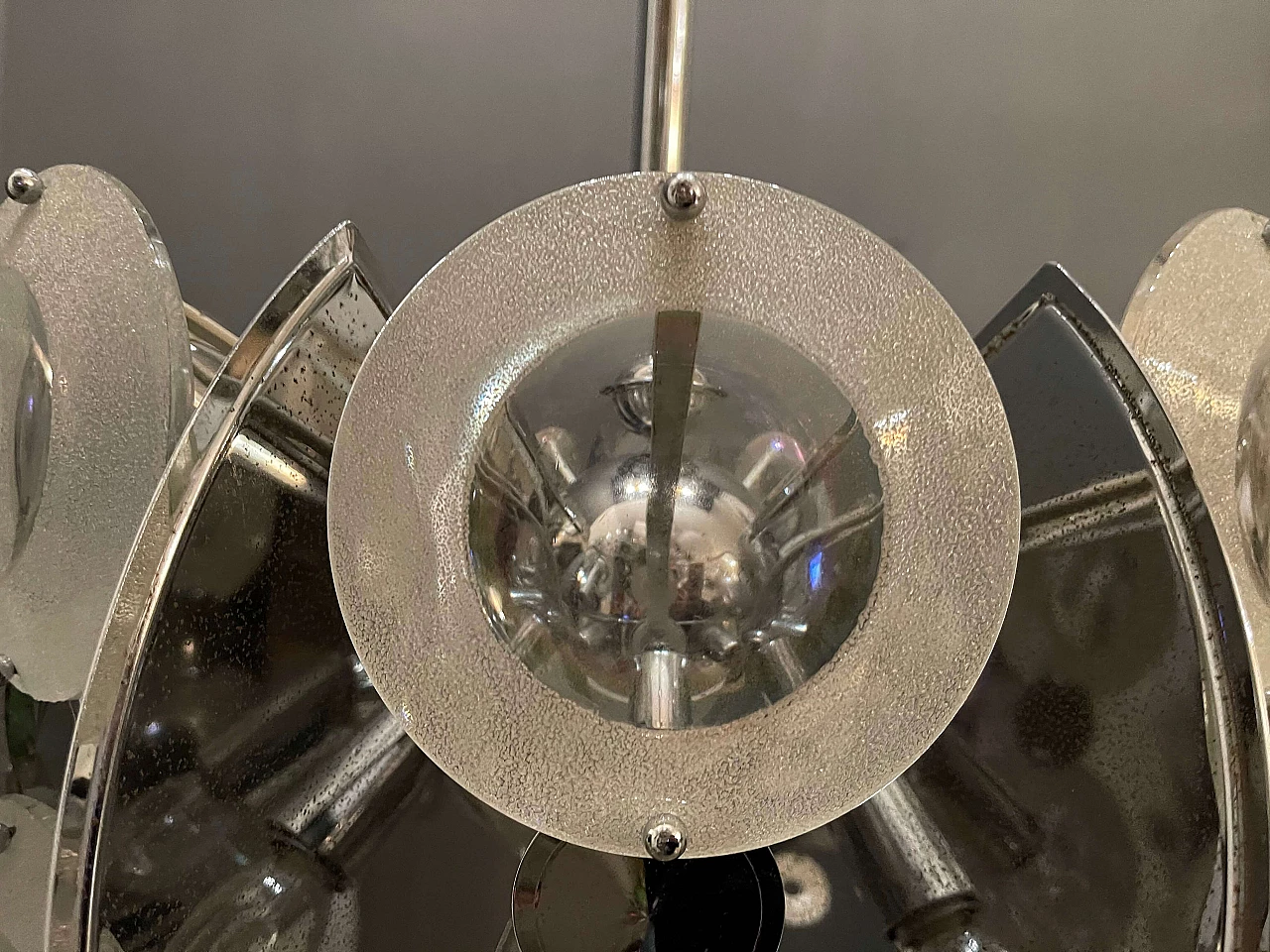 Large mid-century chromed glass chandelier by Oscar Torlasco 1195227