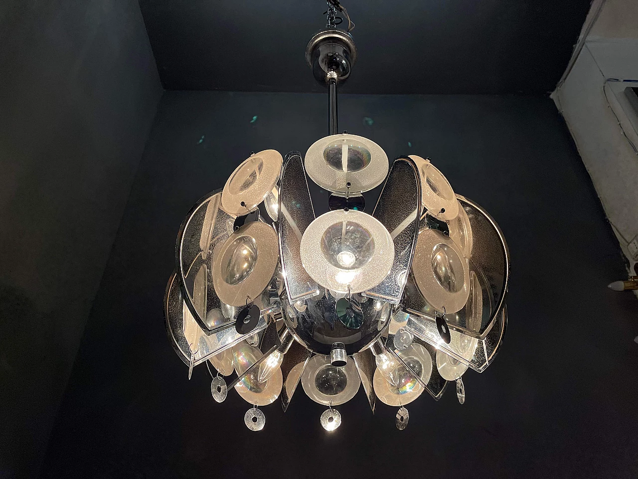 Large mid-century chromed glass chandelier by Oscar Torlasco 1195228