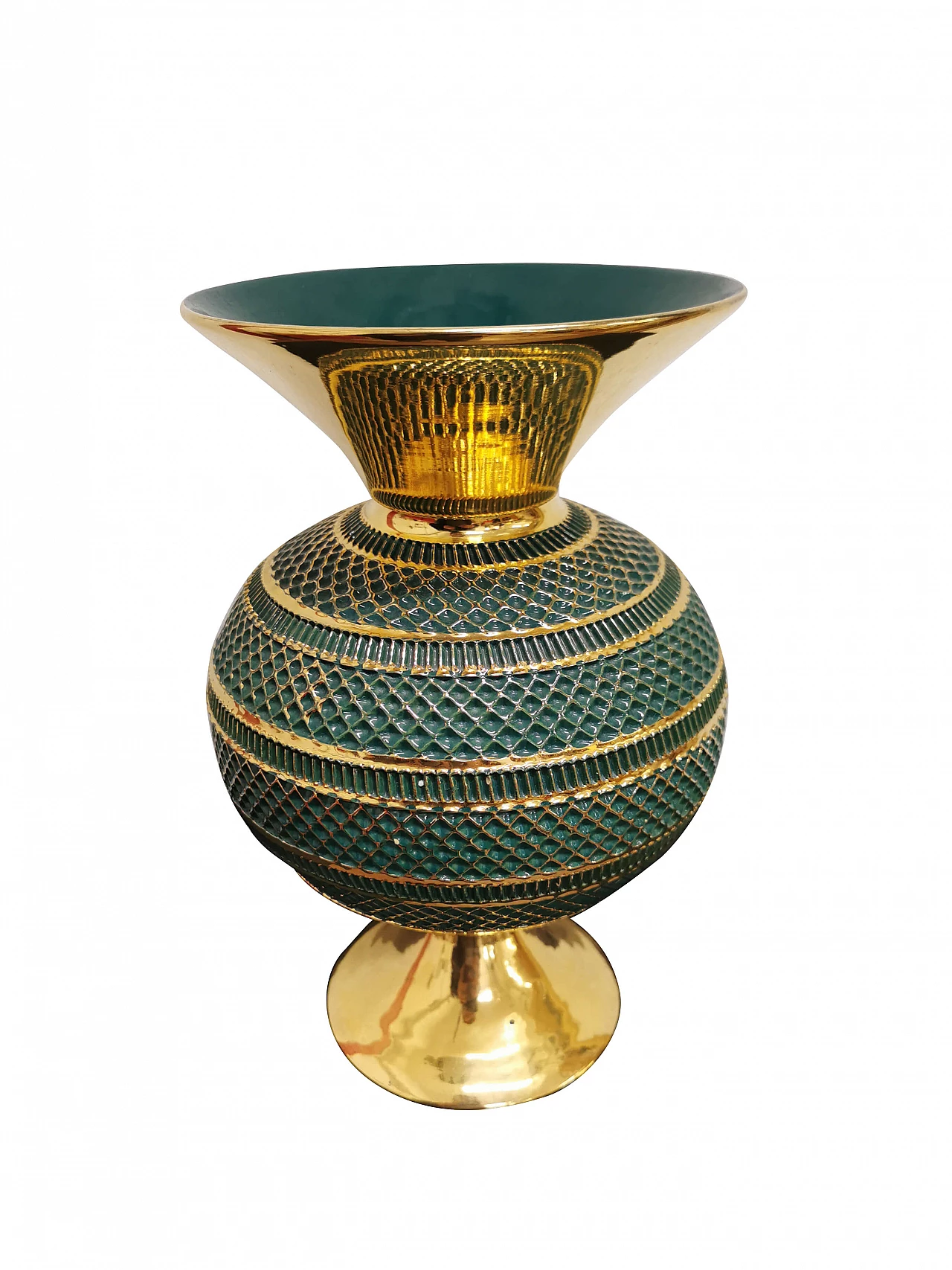 Florentine vase in handmade enameled metal in green and gold, 60s 1195258