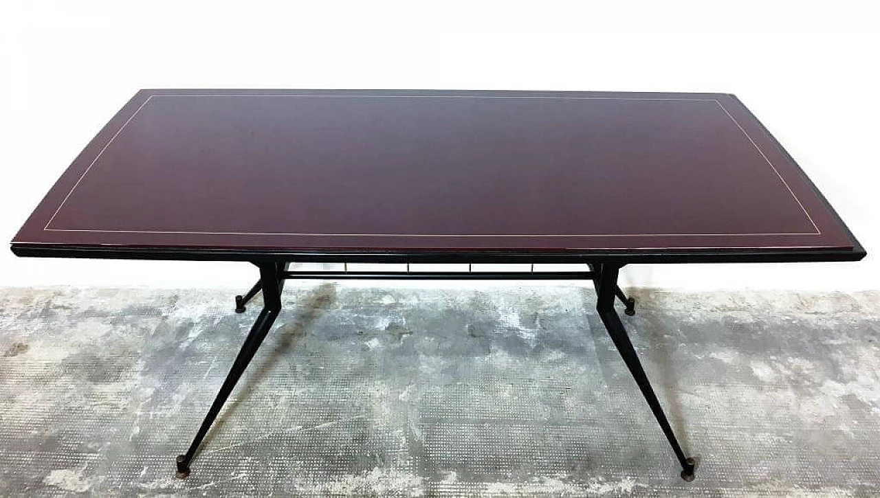 Tavolo in legno con piano in vetro retrodipinto, anni '50 1195380