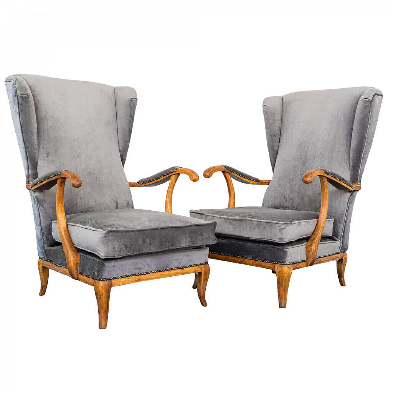 Pair of armchairs in velvet and walnut wood by Paolo Buffa, 1950s 1196071