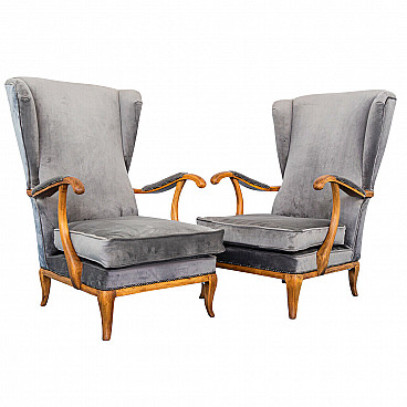 Pair of armchairs in velvet and walnut wood by Paolo Buffa, 1950s