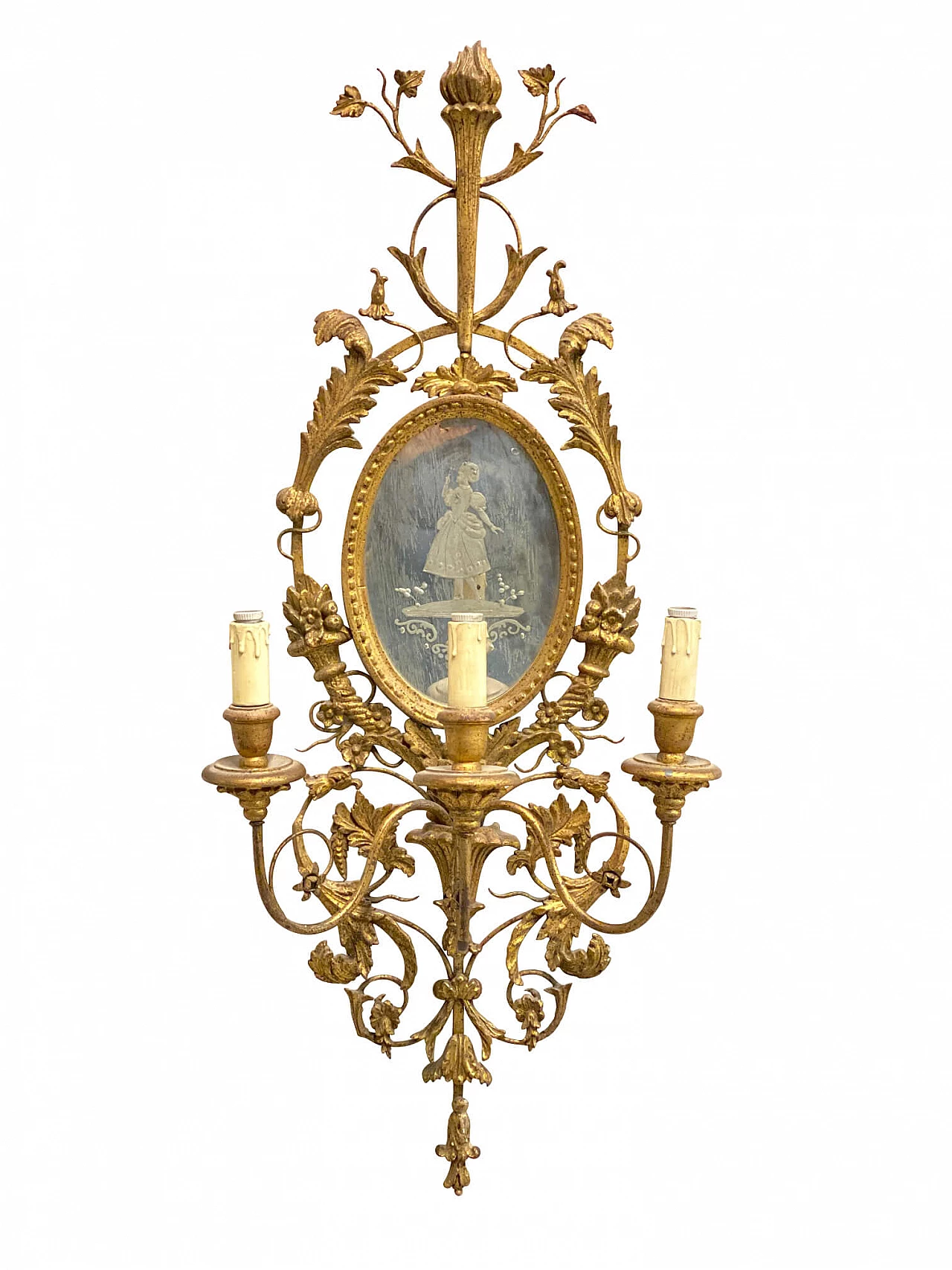 Applique a 3 luci in legno e ferro dorato con specchio, anni '50 1196162
