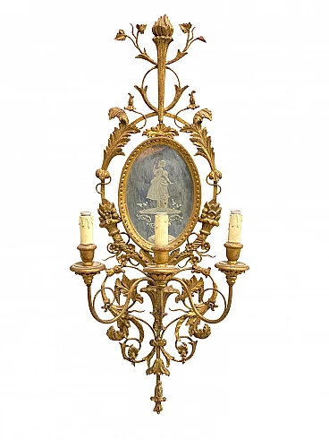 Applique a 3 luci in legno e ferro dorato con specchio, anni '50