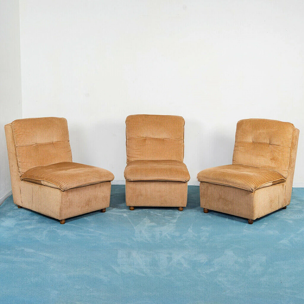3 Modular armchairs in wood and velvet, 70s 1196186