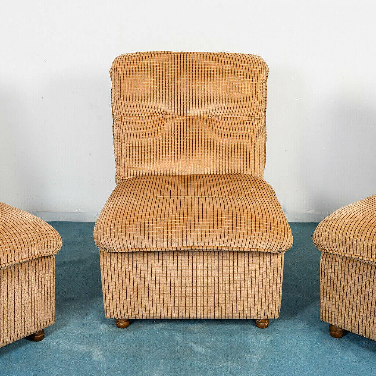 3 Modular armchairs in wood and velvet, 70s 1196187