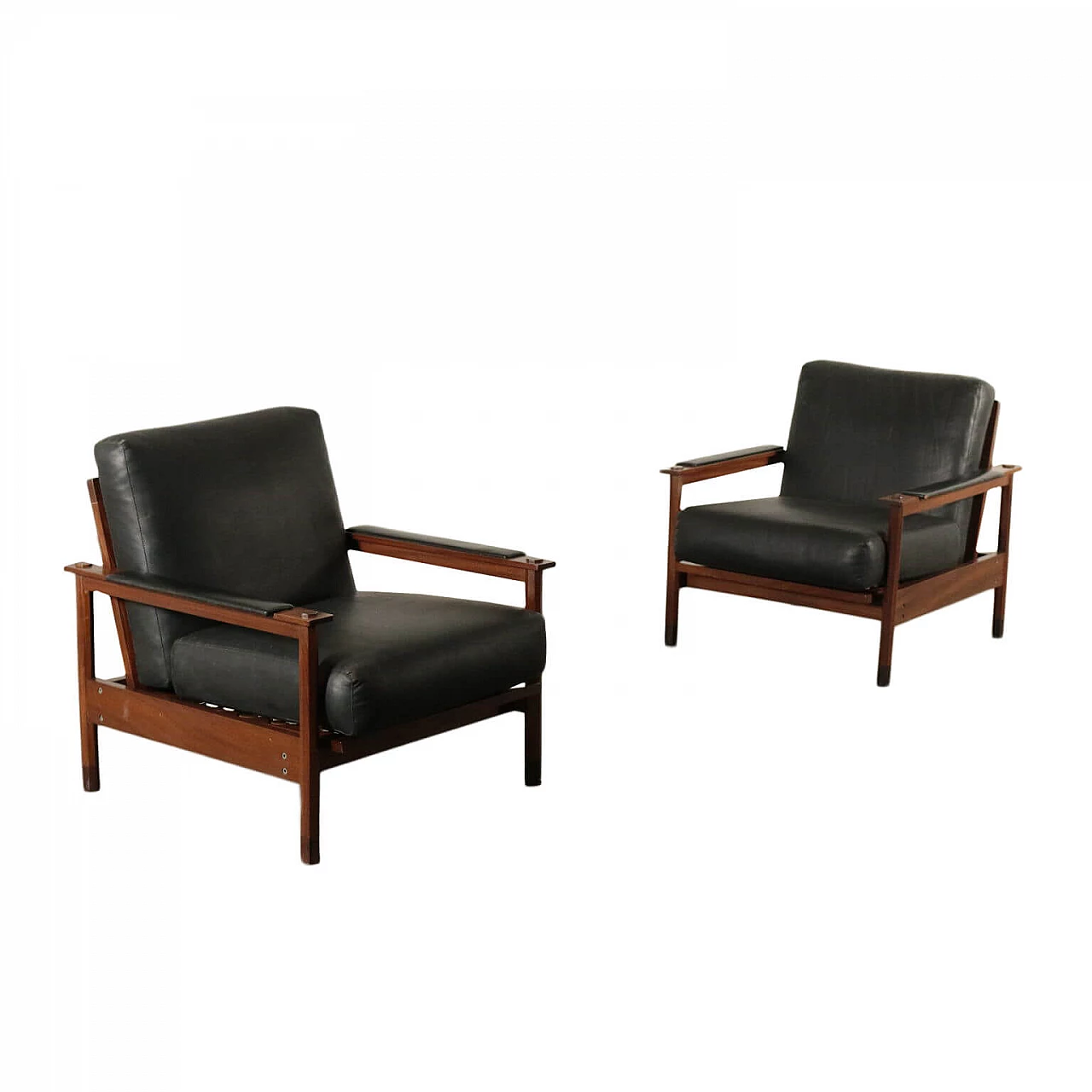 Pair of tilting armchairs in teak and leatherette, 60s 1196353